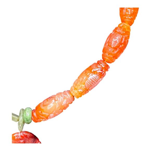 Vintage Hand-Carved Red Carnelian Agate Necklace Floral Lion Green Jade Accents - Picture 7 of 9